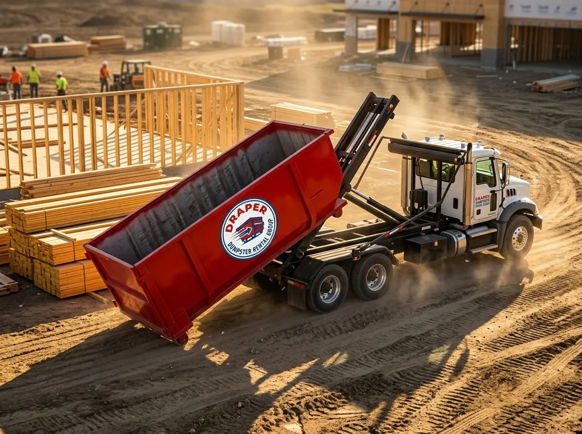 Draper Dumpster Rental Group truck setting a roll-off container at a job site