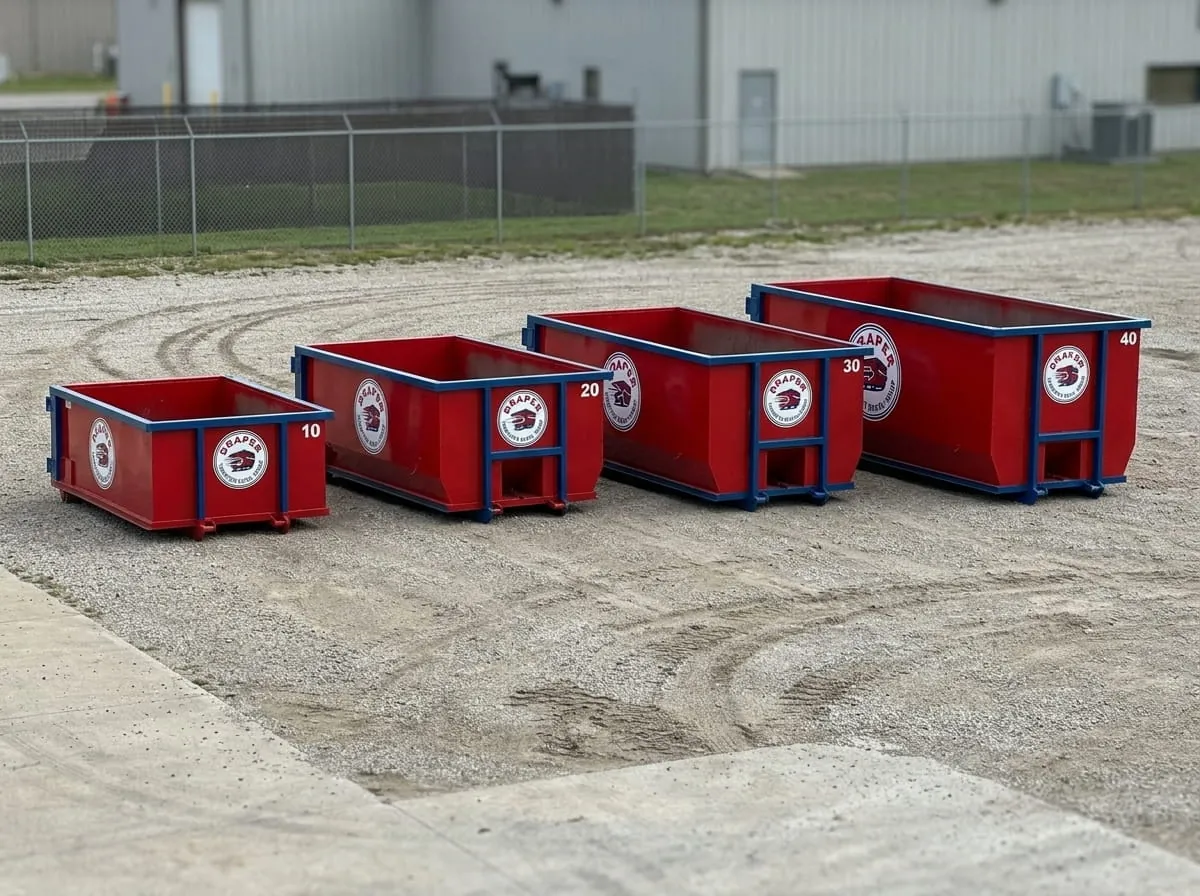 The Draper Dumpster Rental Group container range lined up at the yard
