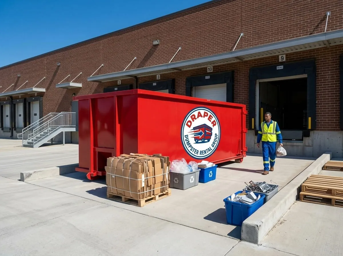 Branded Draper Dumpster Rental Group container at a local business