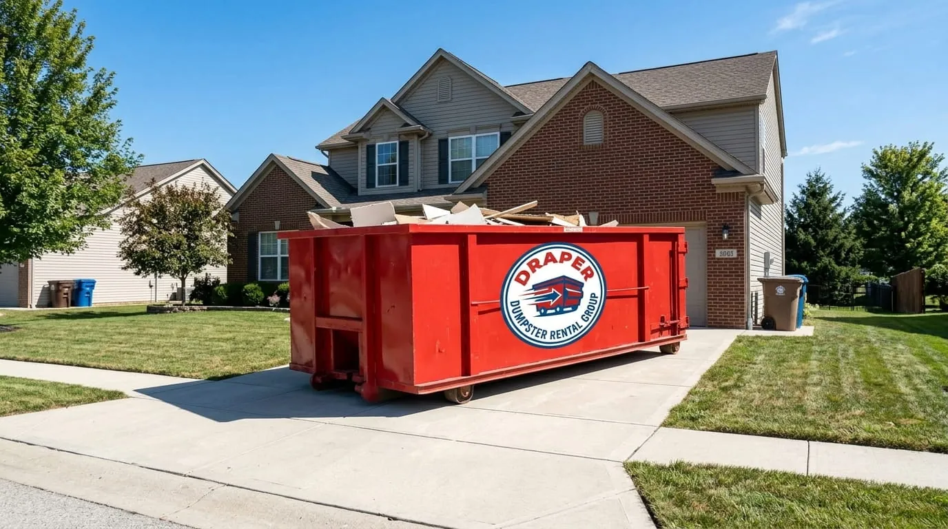 Roll-off dumpster on a residential driveway in Draper, Utah