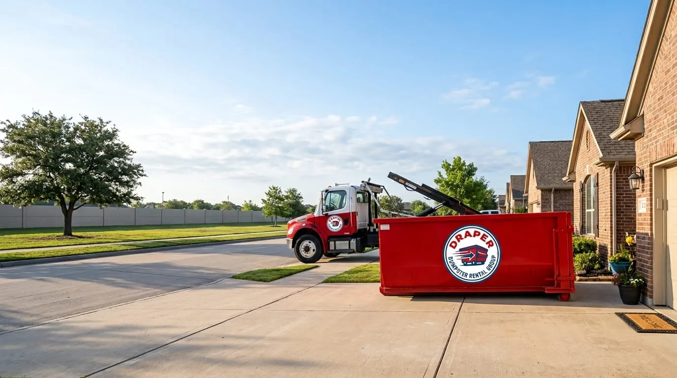 Roll-off truck delivering a dumpster to a residential address in Draper, UT