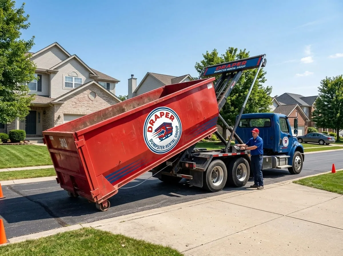 Draper Dumpster Rental Group truck tipping a roll-off container into place